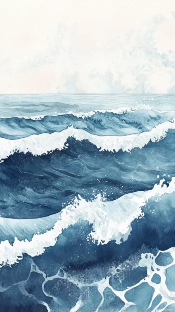 Cool Toned Watercolor Ocean Waves Rolling Gently Onto The Shore.