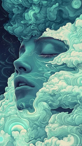Cool Trippy Wallpapers featuring abstract faces merging into electric clouds and waves.