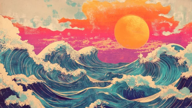 Cool Trippy Wallpapers inspired by vaporwave aesthetics with retro sun and distorted waves.