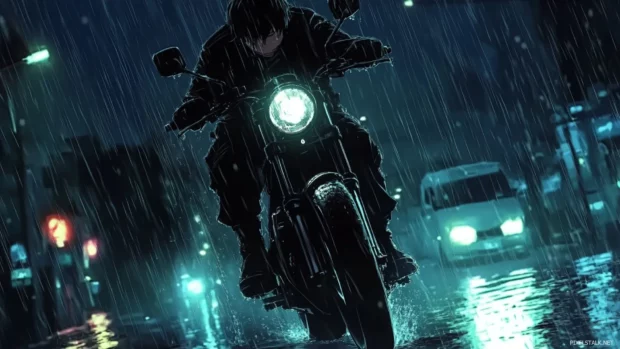 Cool anime biker riding through rainy night, anime wallpapers for PC 1080p.