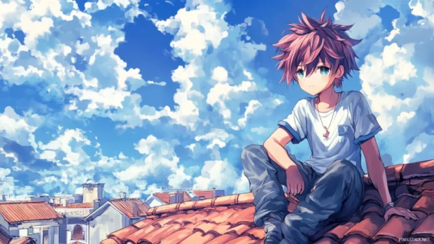 Cool anime boy sitting on rooftop featured in laptop wallpaper HD resolution.