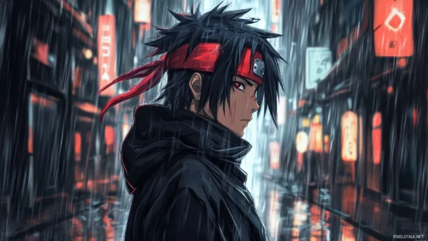 Cool anime ninja in a rainy alley.