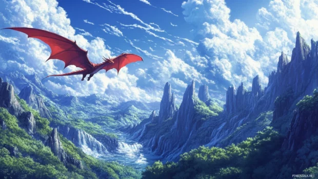 Cool anime wallpaper for PC, Mystical dragon flying over mountains.