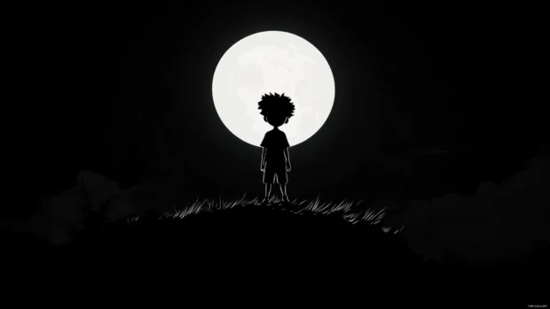 Cool boy character standing in silhouette under full moon for dramatic wallpaper.