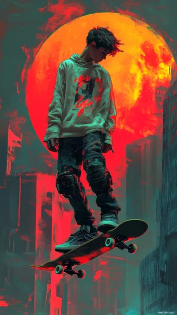 Cool boy concept art wallpaper showing skater boy with cyberpunk vibes.