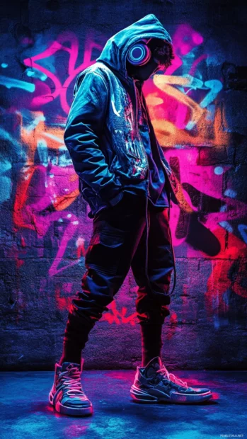 Cool boy graffiti art style pose with headphones and glowing effects.