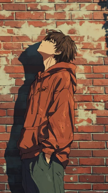 Cool boy leaning on brick wall in minimalist anime style for best cool boy wallpaper.