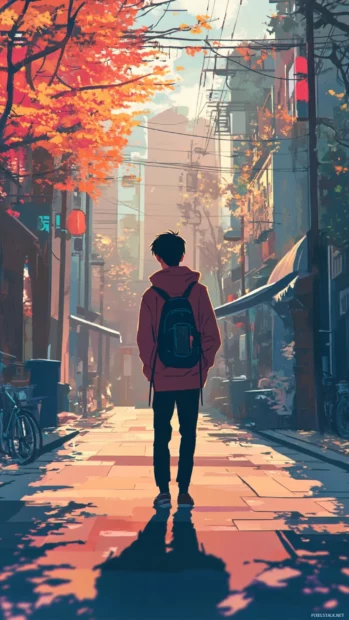 Cool boy wallpaper in retro anime style with vibrant colors and street shadows.