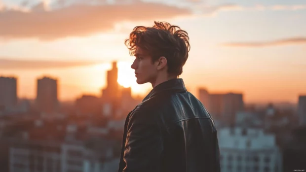 Cool boy with leather jacket and sunset skyline, trending cool boy wallpaper aesthetic.