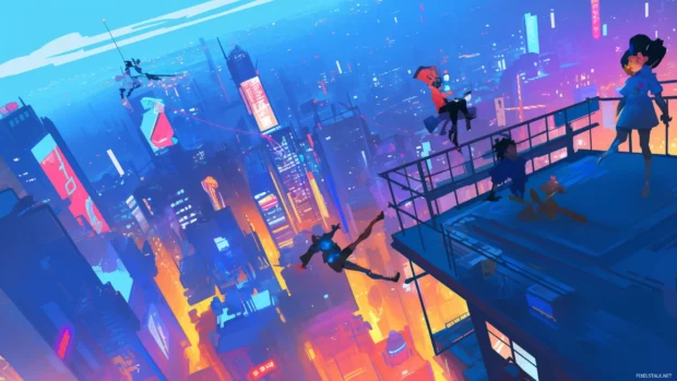 Cool cartoon wallpapers for desktop featuring classic characters on neon lit rooftops.