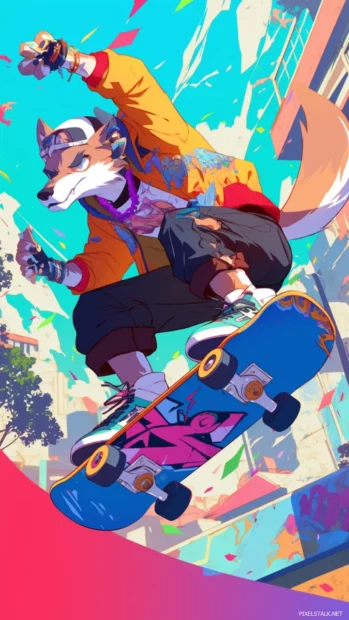 Cool cartoon wallpapers for iPhone with skateboarding animals under graffiti walls.
