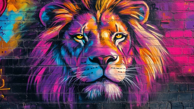 Cool graffiti wallpaper featuring a neon lion on city wall.