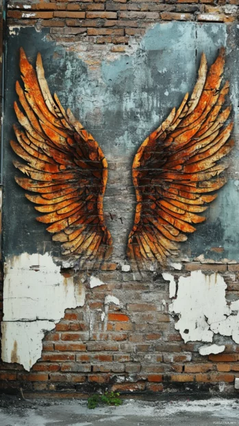 Cool graffiti wallpaper of digital angel wings spread across crumbling brick.
