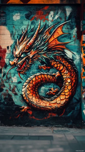 Cool graffiti wallpaper showing dragon curled across a subway wall.
