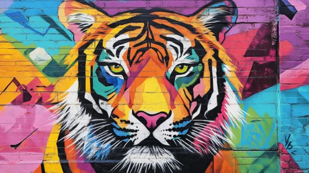 Cool graffiti wallpaper with abstract geometric tiger in vibrant colors.
