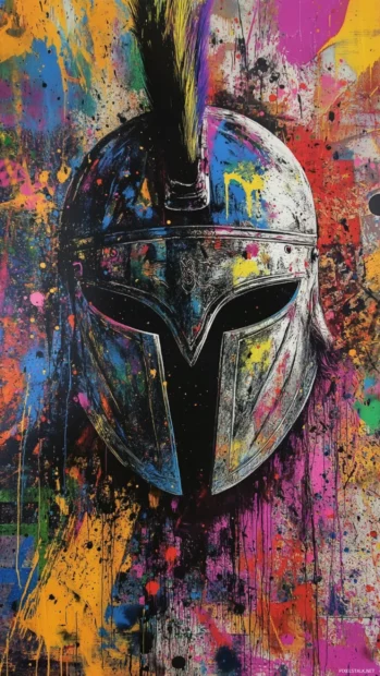 Cool graffiti wallpaper with warrior helmet surrounded by chaotic paint splatter.
