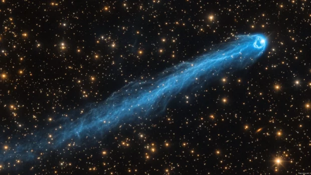 Cool neon comet streaking across starry void.
