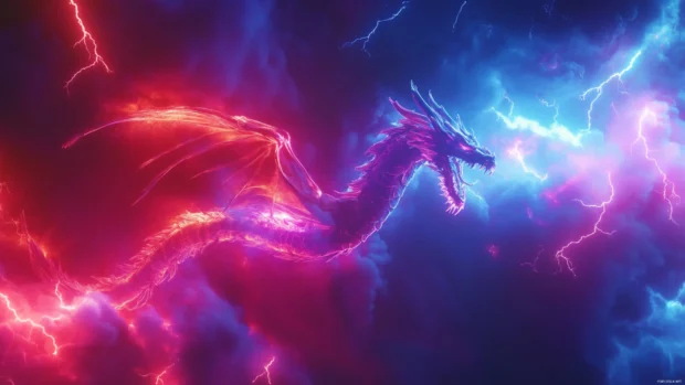 Cool neon dragon flying through electric storm.