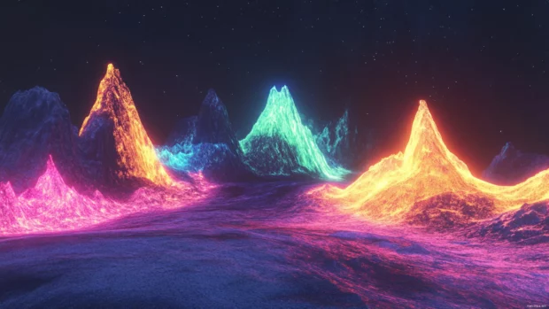 Cool neon mountains glowing under alien sky.