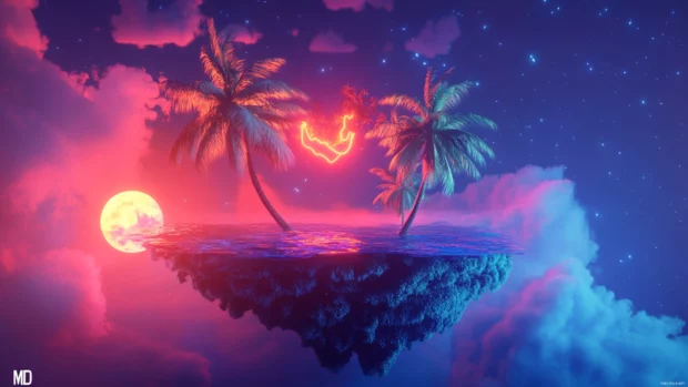 Cool neon storm swirling around floating island.