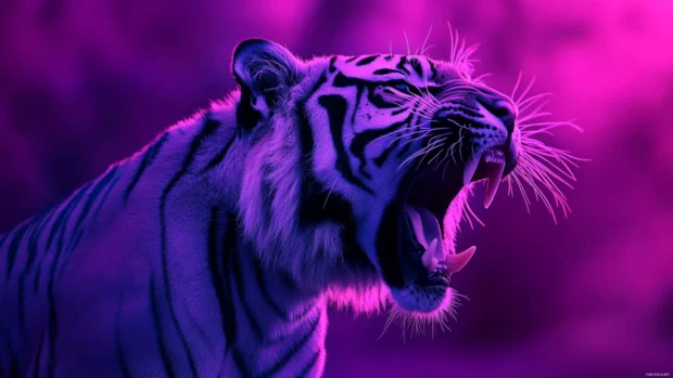 Cool neon tiger roaring under purple sky.