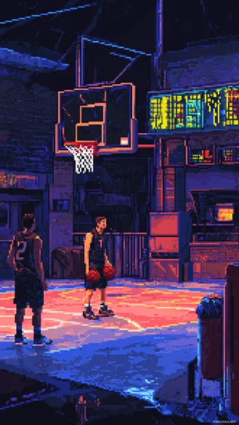 Cool retro basketball arcade scene with pixel style players.