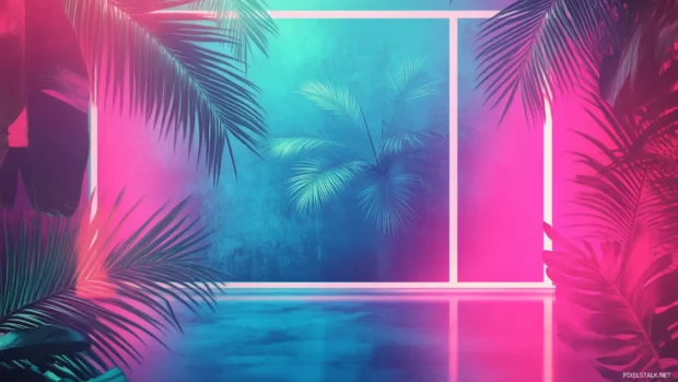 Cool retro trippy background, with faded posters and neon glows, perfect for a desktop setup.