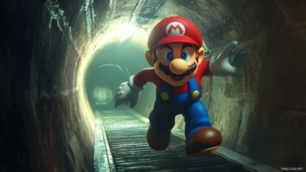 Cool shadows surround Mario as he exits a warp pipe into an urban underground.