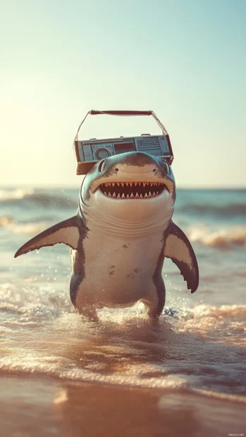 Cool shark walking on beach with boombox and sunglasses.