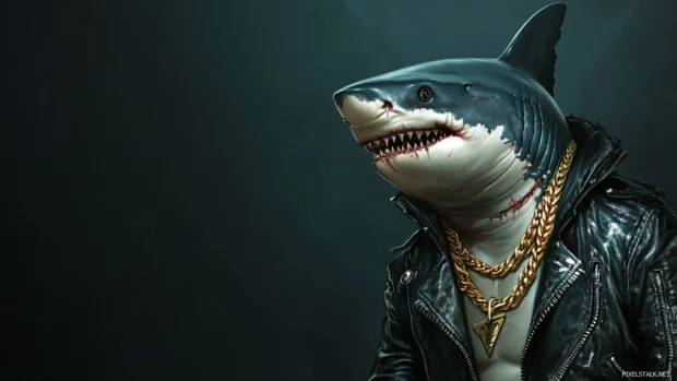 Cool shark wallpaper showing badass shark in leather jacket and gold chains.