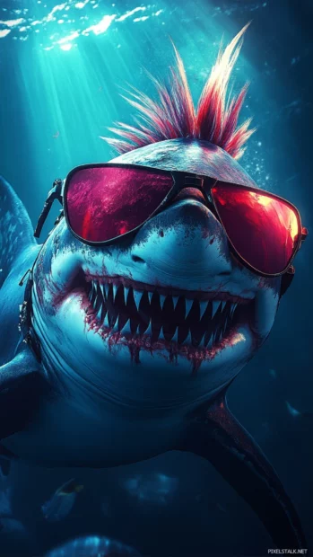 Cool shark wallpaper showing punk style shark with mohawk and shades.