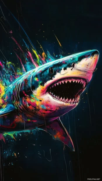Cool shark wallpaper with neon graffiti style in dark ocean backdrop.