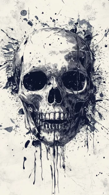 Cool skull wallpaper drawn in comic book ink with splattered paint effects.