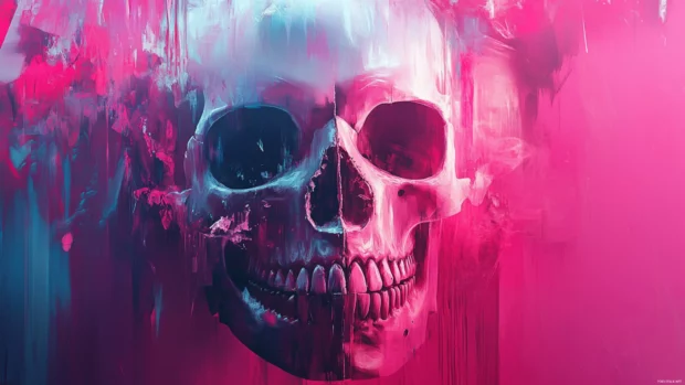 Cool skull wallpaper featuring glitch art textures and digital spray paint.