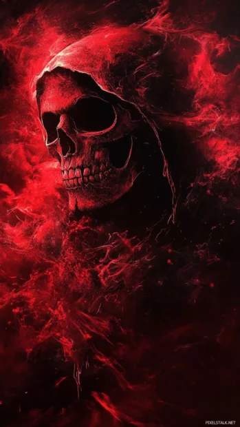 Cool skull wallpaper showing masked skull in red and black digital storm.