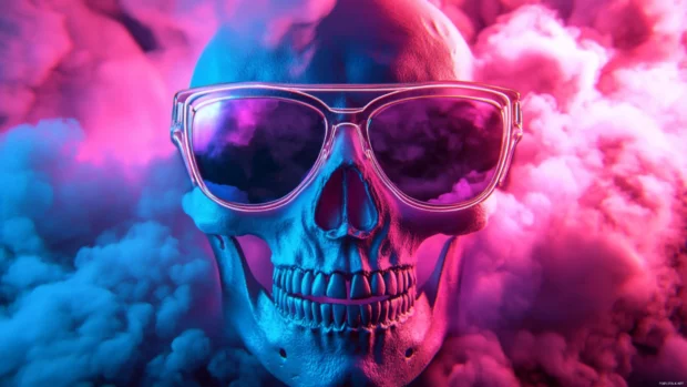 Cool skull wallpaper with neon sunglasses and vaporwave background.