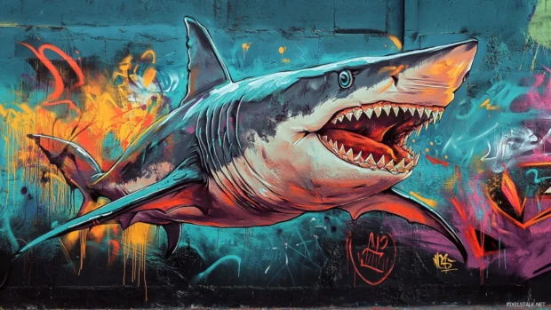 Cool street wall scene with shark in motion featured in graffiti desktop wallpapers HD.
