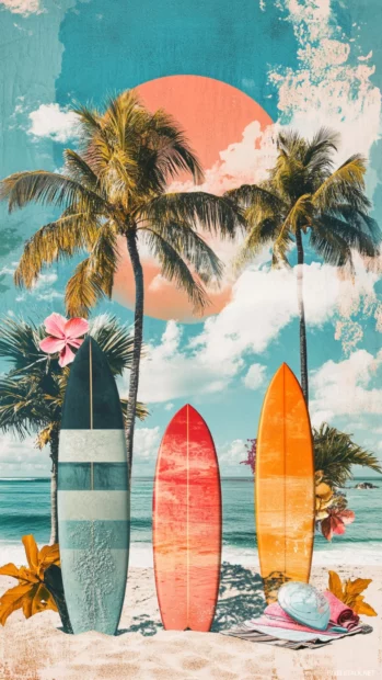 Cool summer vibe collage with layered surfboards, beach towels, and sunny skies.