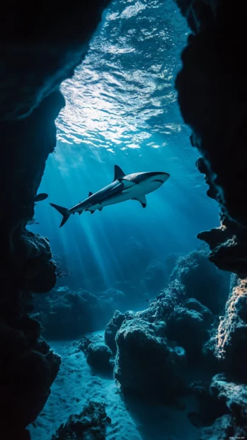 Cool toned vertical view of shark swimming past rock arch.
