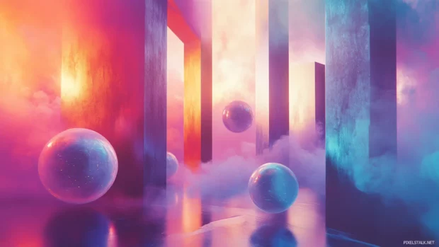 Cool trippy composition with spheres drifting through colored mist and shadow portals.