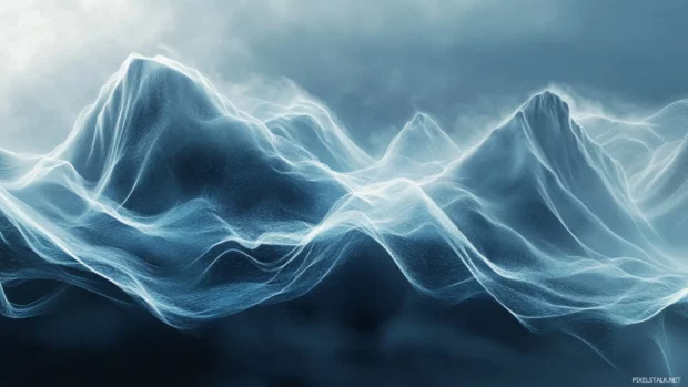 Cool trippy flow of electric ribbons in synchronized motion over floating mountains.