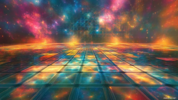Cool trippy grid with echoing shapes and soft electric reflections over a cosmic floor.