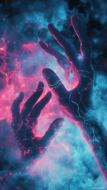 Cool trippy hands reaching through radiant fog and glowing digital cracks.