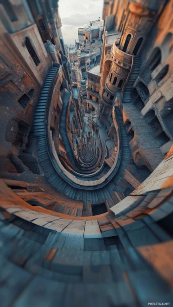 Cool trippy mirage of stairs and shapes collapsing into endless illusions.