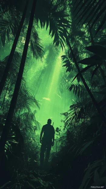 Cool trippy mist glowing in layers through a wireframe jungle of silhouettes.