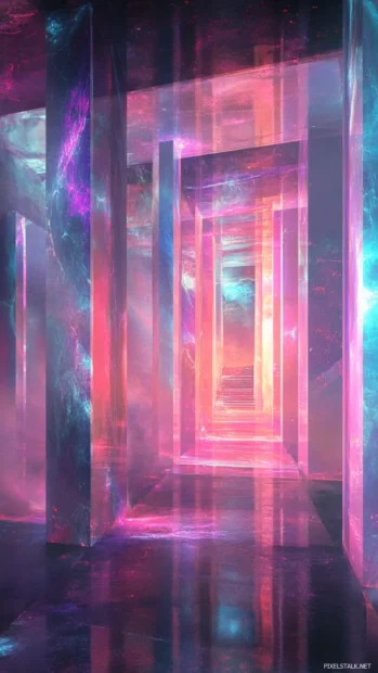 Cool trippy path through columns of vibrating glass and electric haze.