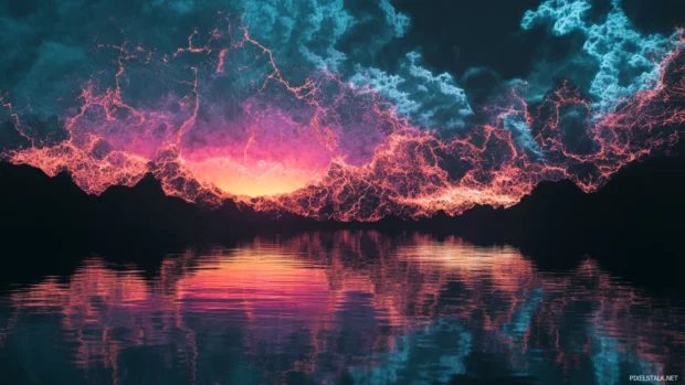 Cool trippy scene of a dark lake with glowing structures and sky fracture effects.