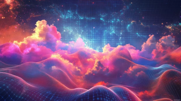Cool trippy waves of color folding through a digital cloudscape and glowing grid.