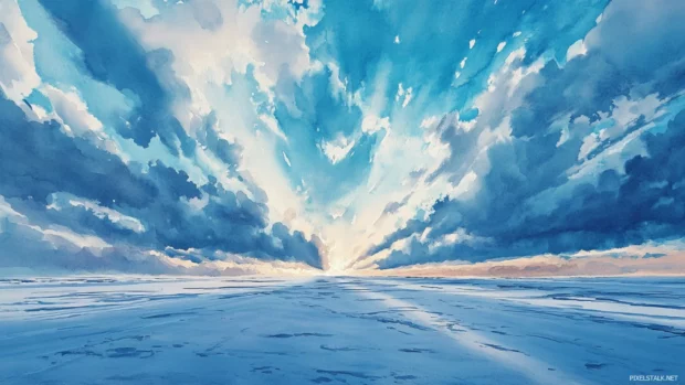 Cool winter watercolor clouds casting long shadows over frozen plains.