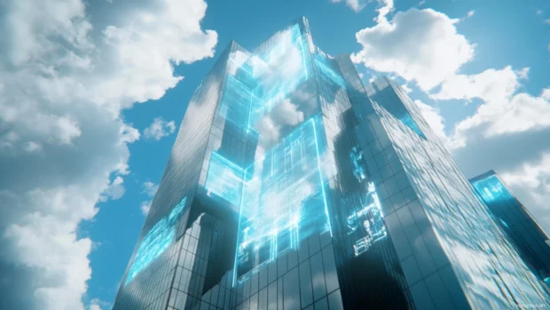 Corporate tower with massive glass panels showing advertisements for AI implants, clouds swirling above.